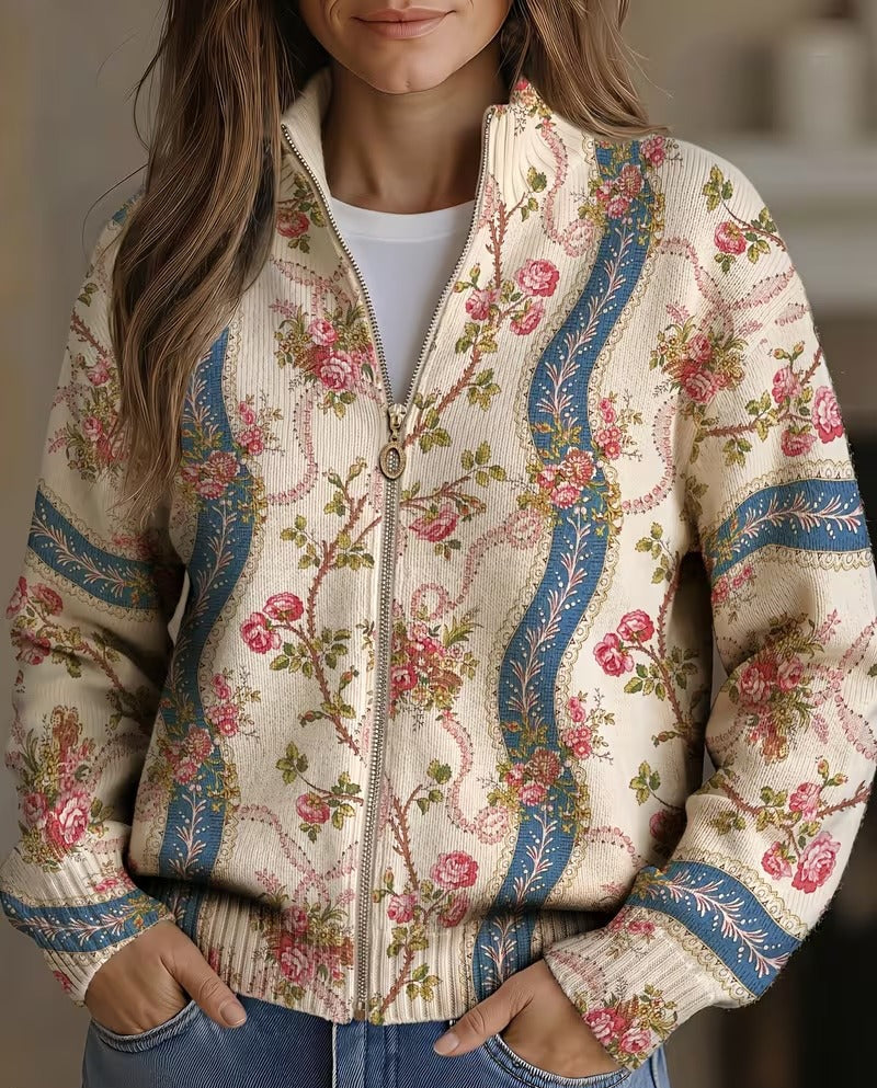 cardigan de punto con estampado floral y cintas. Eulalia