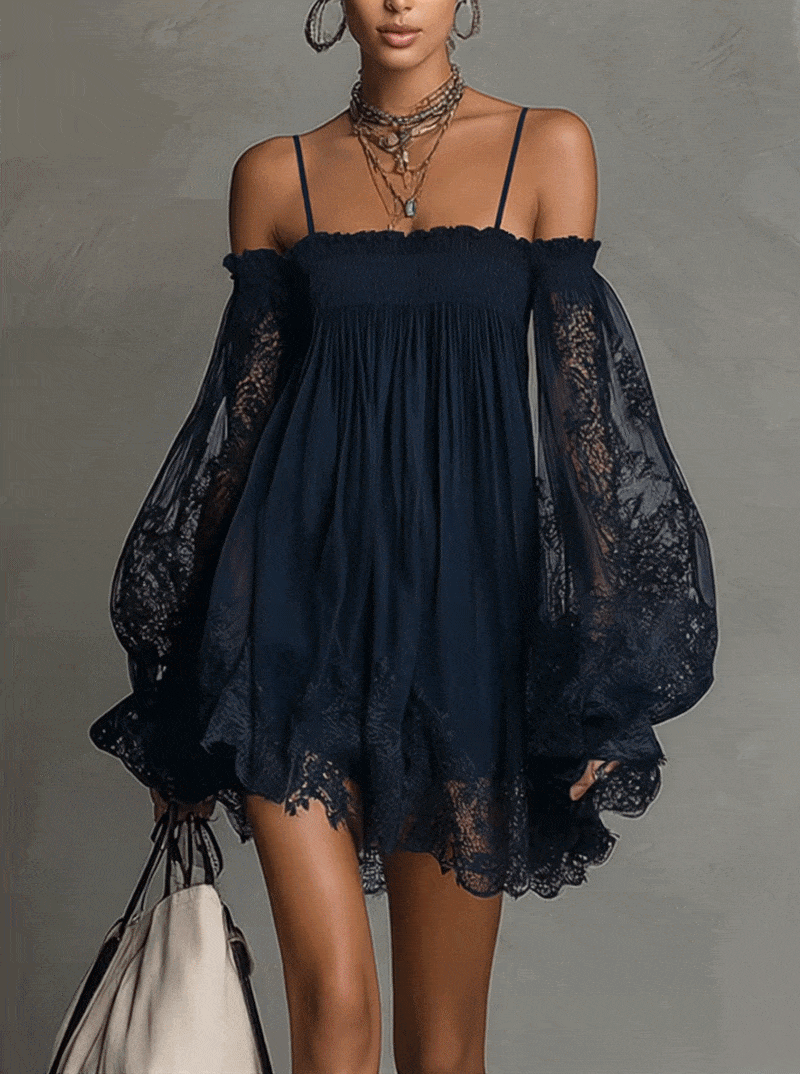 vestido mini de chiffon con encaje y hombros descubiertos. Vejer