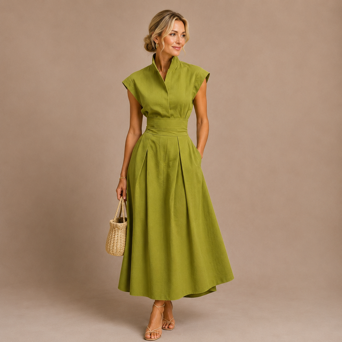 vestido midi plisado con escote estructurado. Aurelia