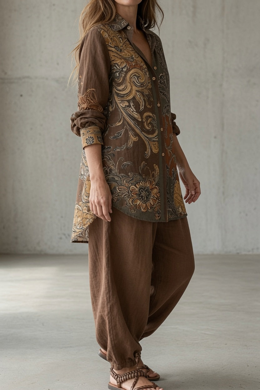 conjunto de dos piezas bohemio con camisa estampada y pantalón. Mojacar
