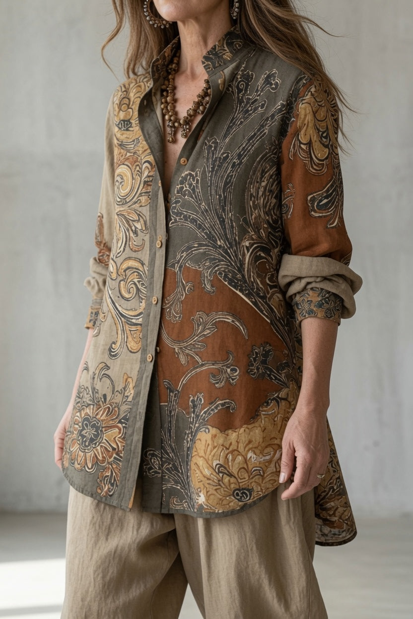 conjunto de dos piezas bohemio con camisa estampada y pantalón. Mojacar