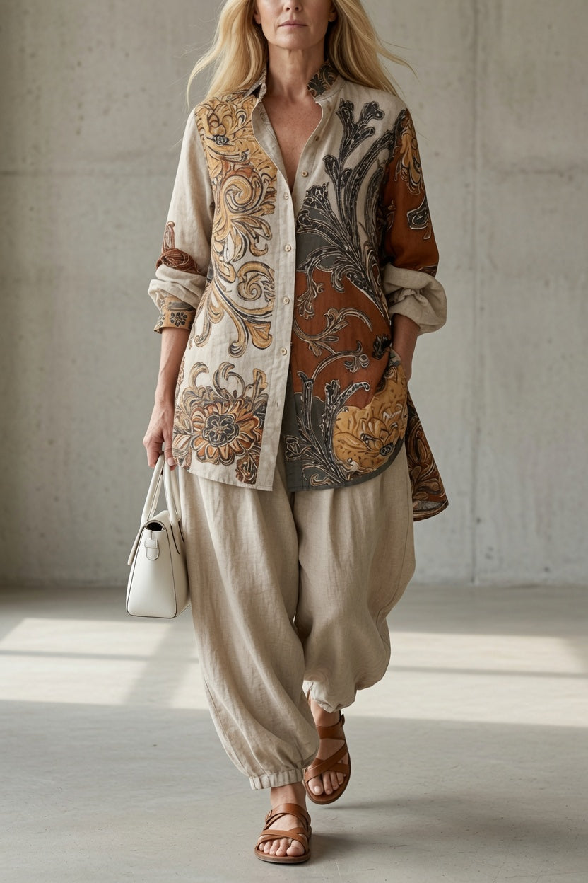 conjunto de dos piezas bohemio con camisa estampada y pantalón. Mojacar