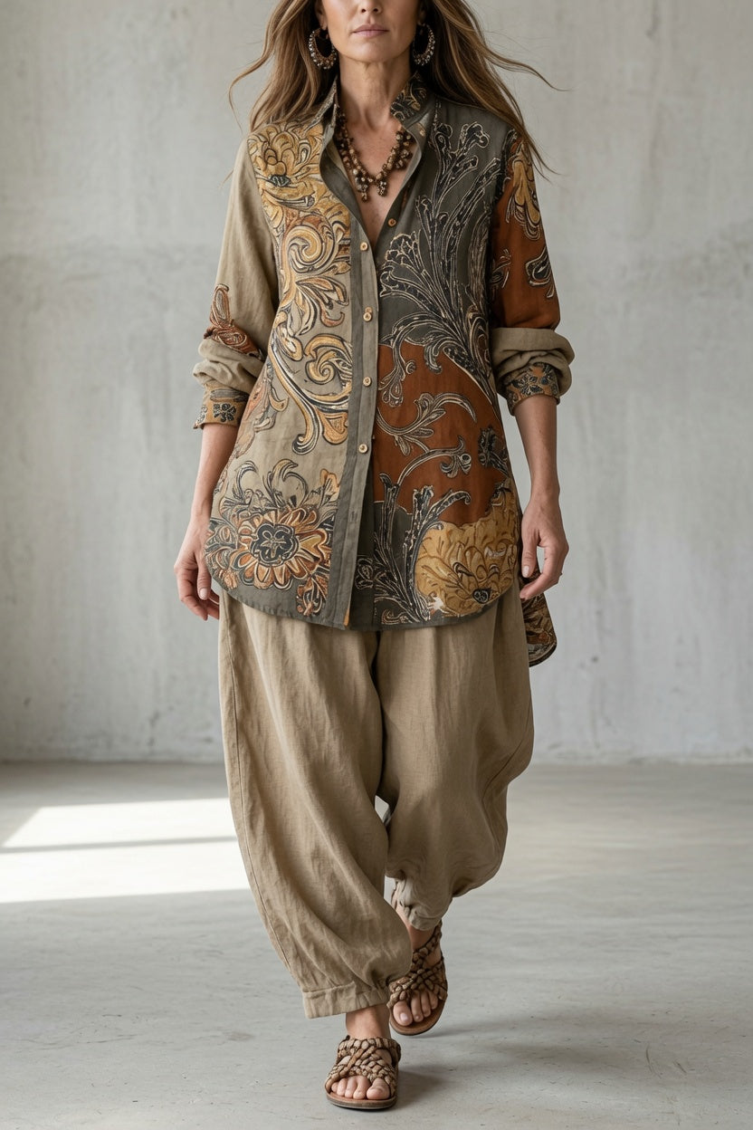 conjunto de dos piezas bohemio con camisa estampada y pantalón. Mojacar