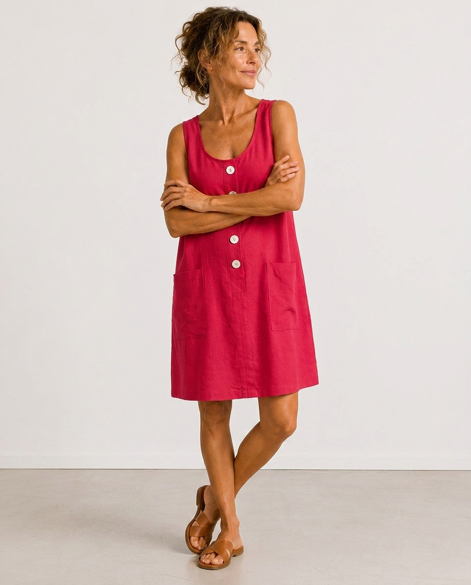 vestido mini sin mangas con botones de madera y bolsillos. Mabel