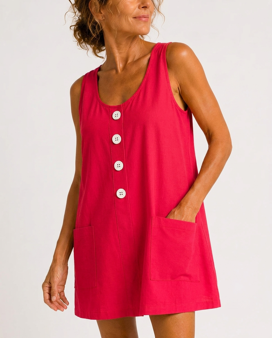 vestido mini sin mangas con botones de madera y bolsillos. Mabel