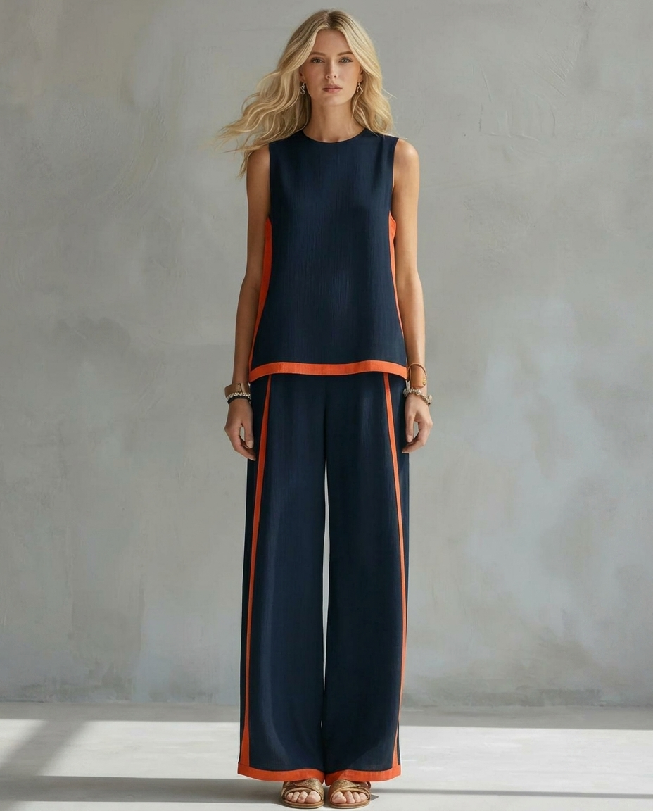 conjunto de gilet y pantalón ancho con ribete bicolor. Úrsula