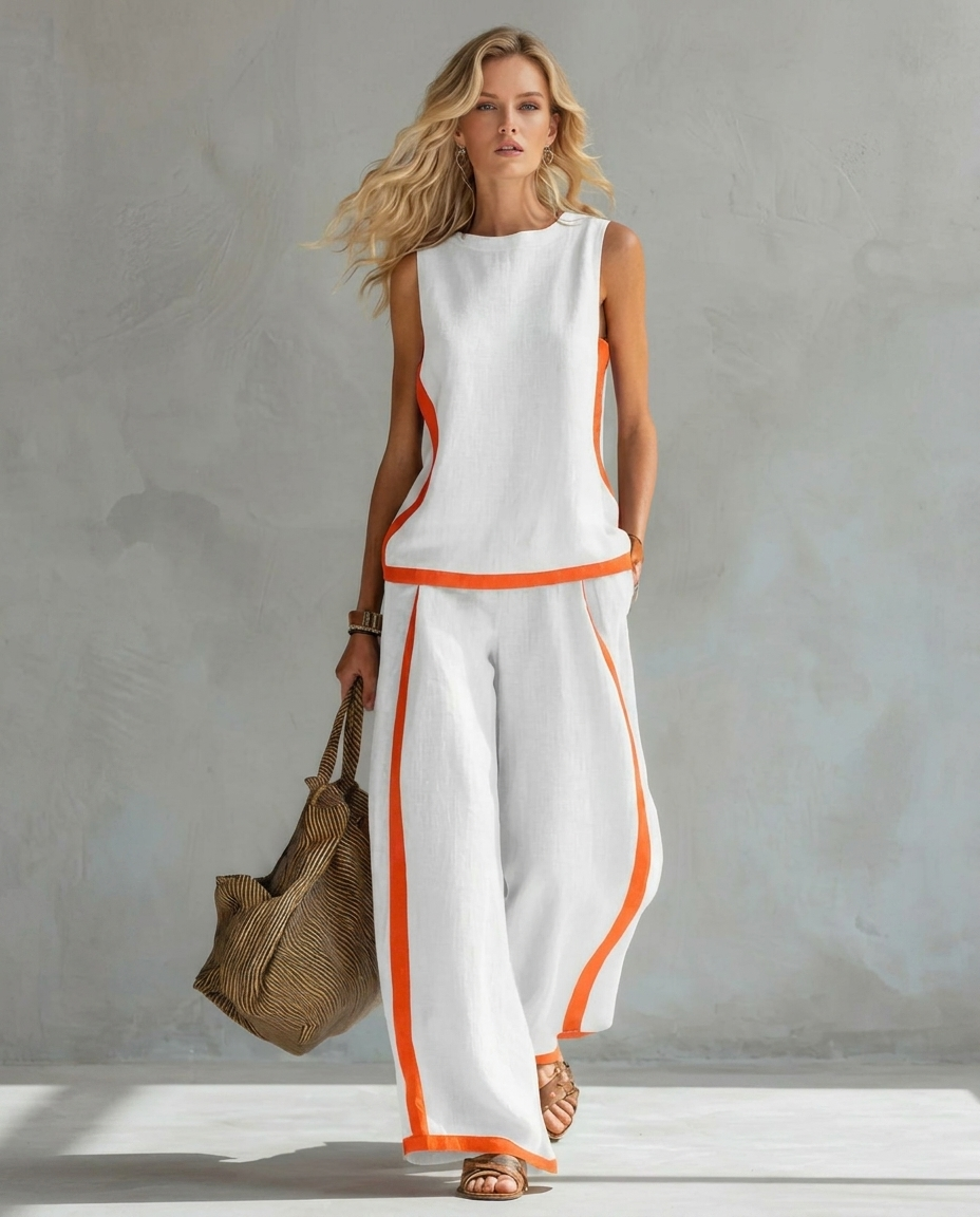 conjunto de gilet y pantalón ancho con ribete bicolor. Úrsula
