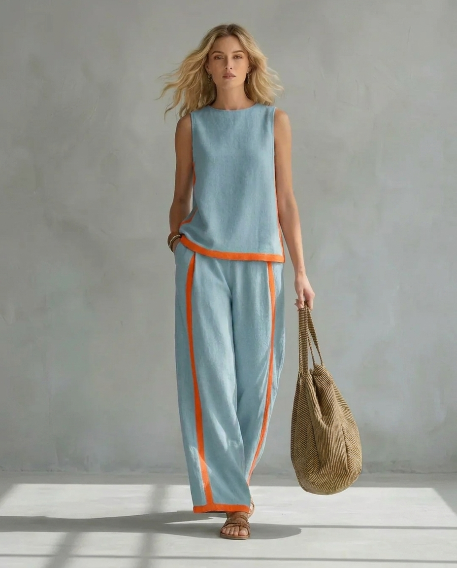 conjunto de gilet y pantalón ancho con ribete bicolor. Úrsula