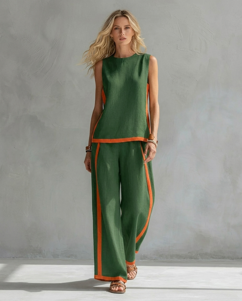 conjunto de gilet y pantalón ancho con ribete bicolor. Úrsula