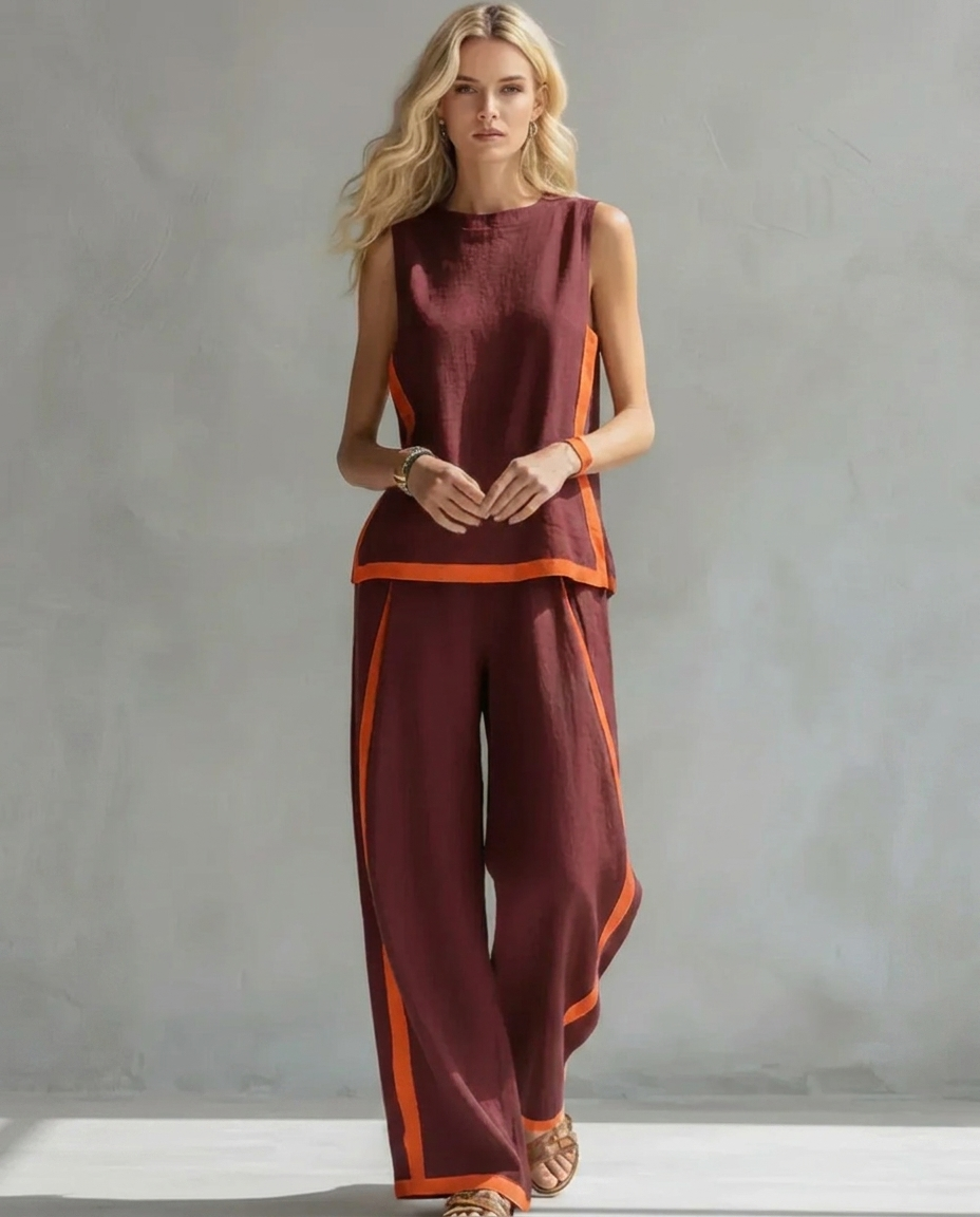 conjunto de gilet y pantalón ancho con ribete bicolor. Úrsula