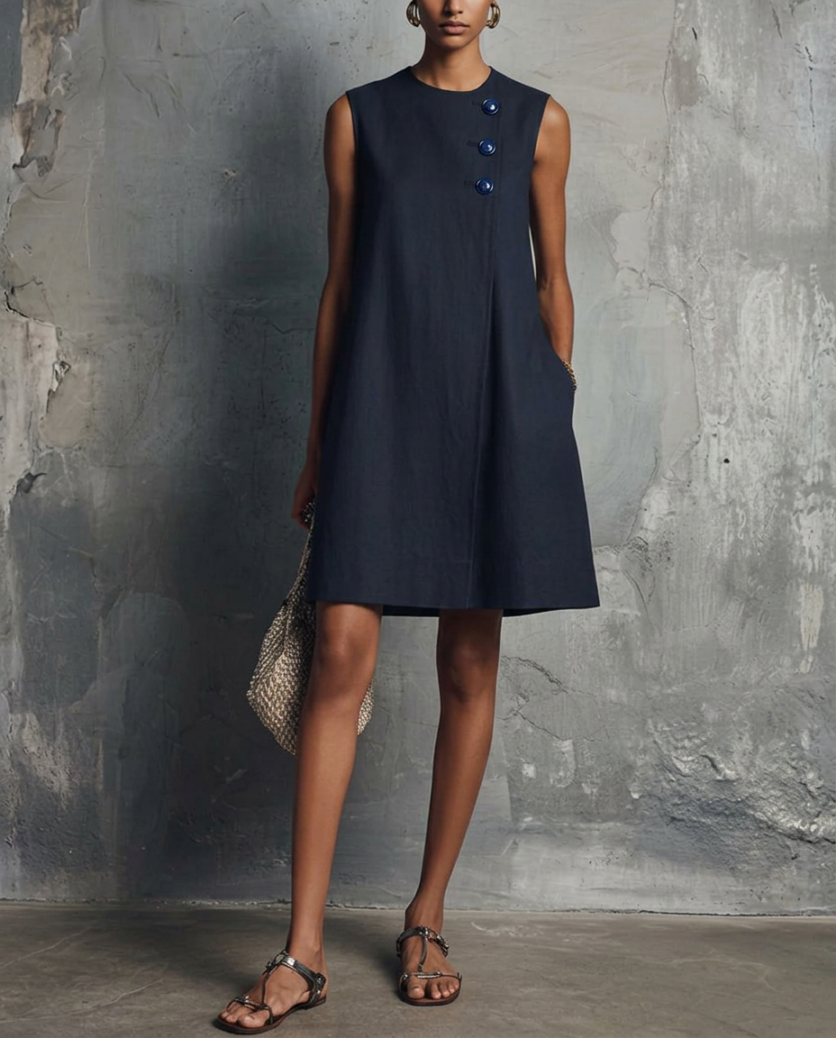 vestido mini con cuello redondo y botones asimétricos. Aubrey