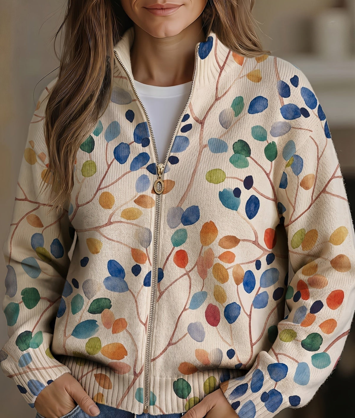 cardigan con cremallera y estampado botánico. Imogene