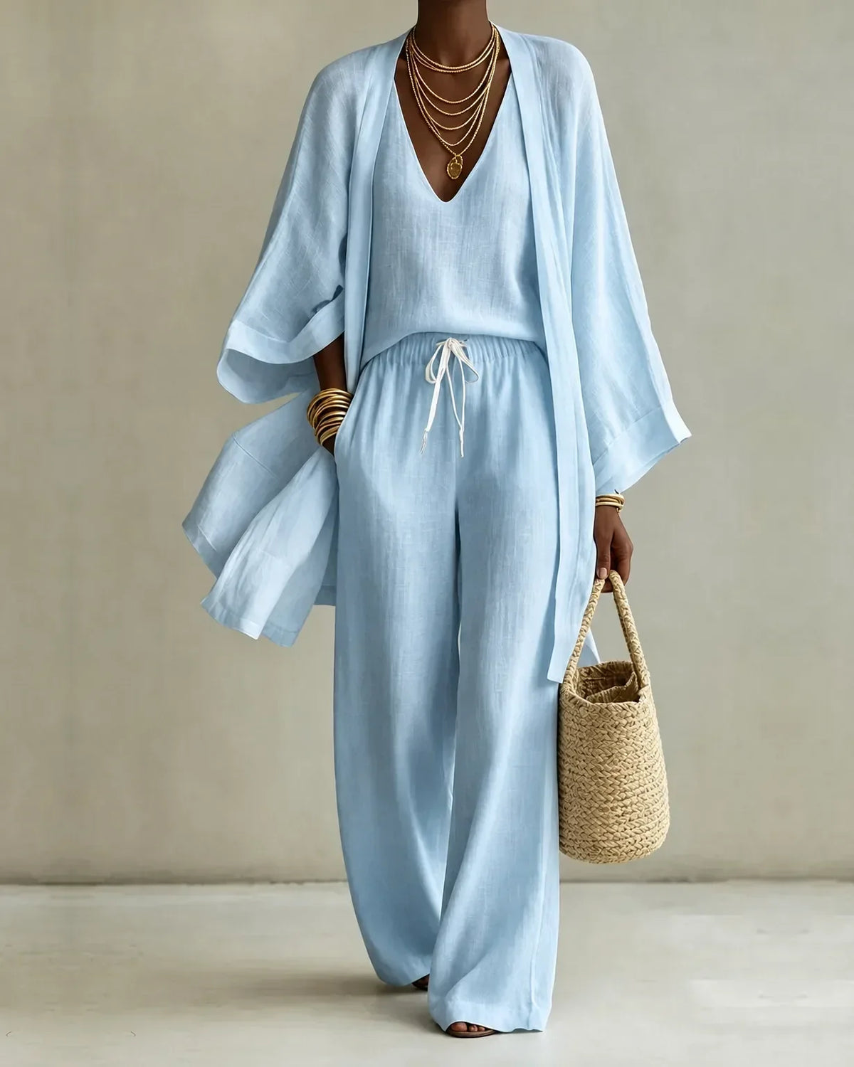 set 3 piezas efecto lino con gilet. Tanisha