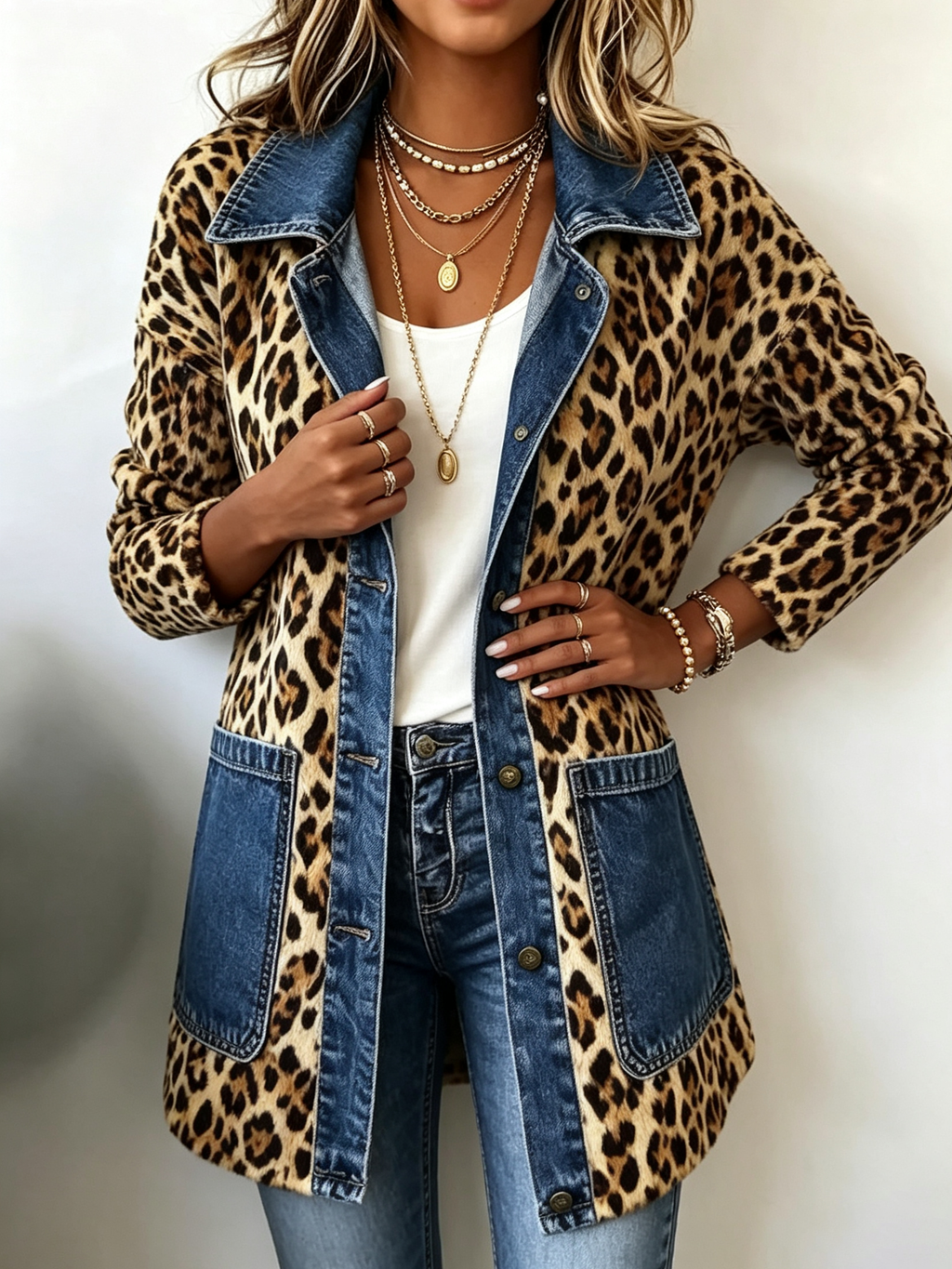 cazadora larga con paneles denim y estampado leopardo. Fablenne