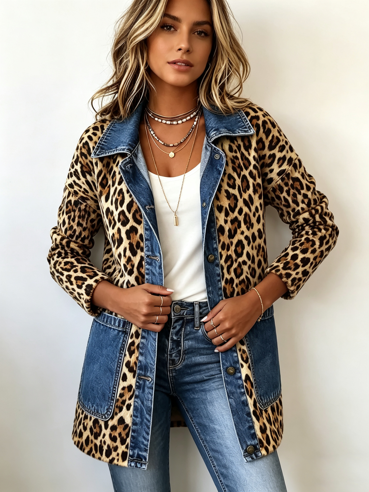 cazadora larga con paneles denim y estampado leopardo. Fablenne