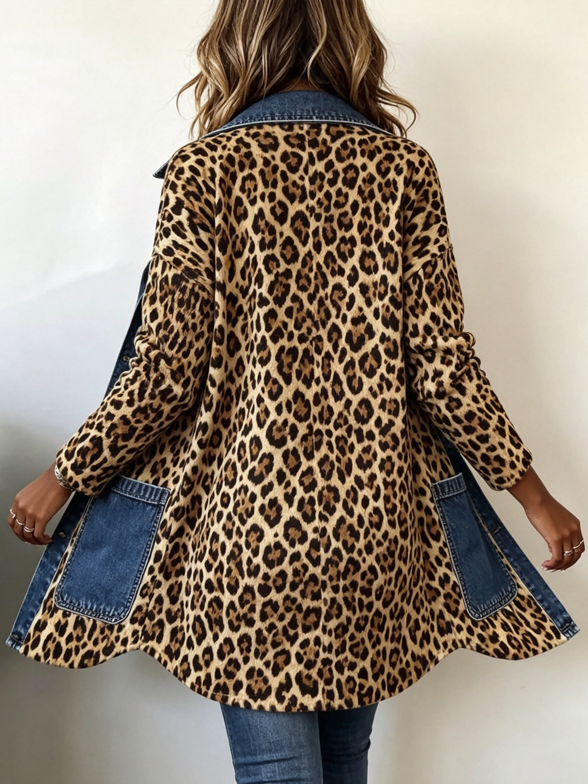 cazadora larga con paneles denim y estampado leopardo. Fablenne