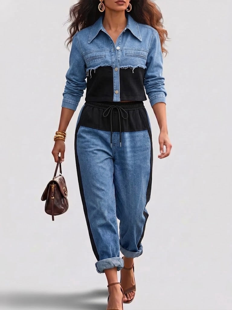conjunto de chaqueta cropped y pantalón de pernera ancha. Holbrook