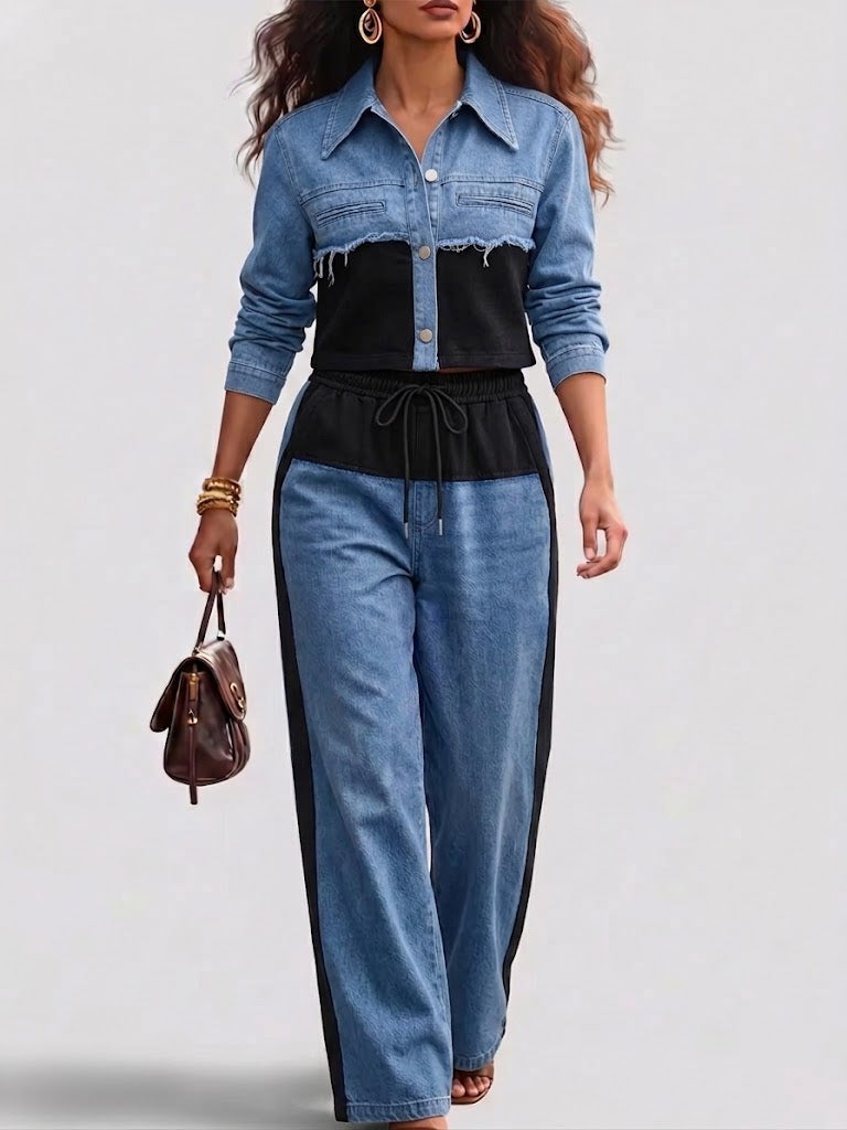 conjunto de chaqueta cropped y pantalón de pernera ancha. Holbrook