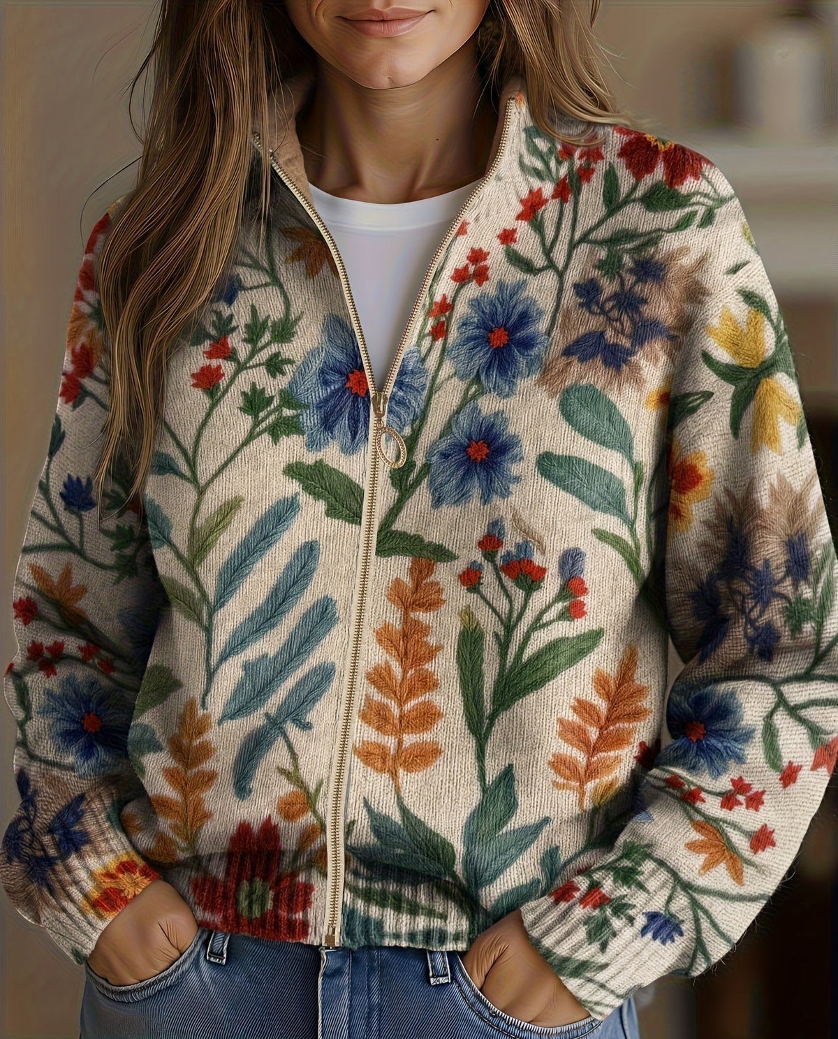 cardigan con cremallera y estampado floral. Tabitha