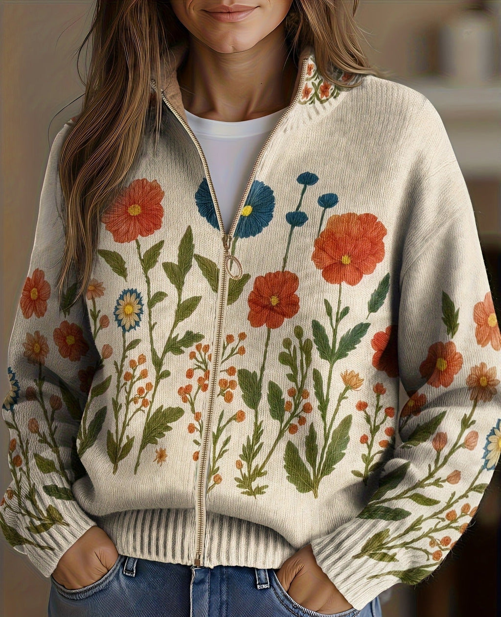 cardigan con cremallera y estampado floral. Prato
