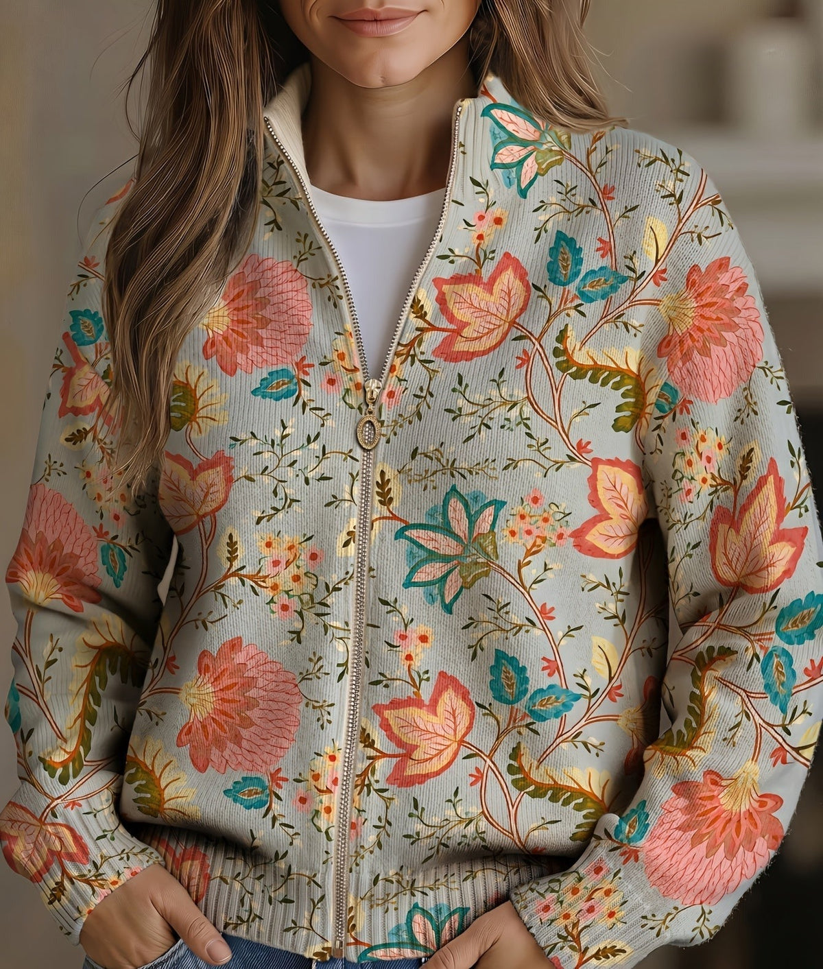 sudadera bomber con estampado floral vintage. Mojacar