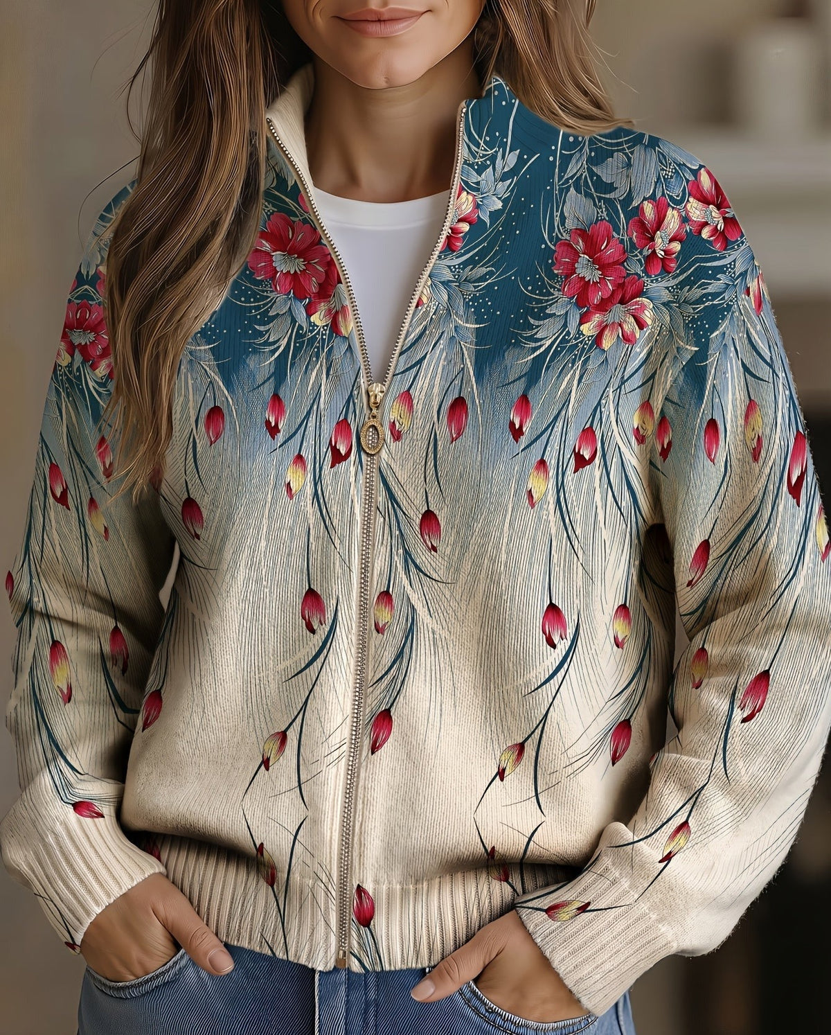 cardigan con cremallera y estampado floral degradado. Zillah